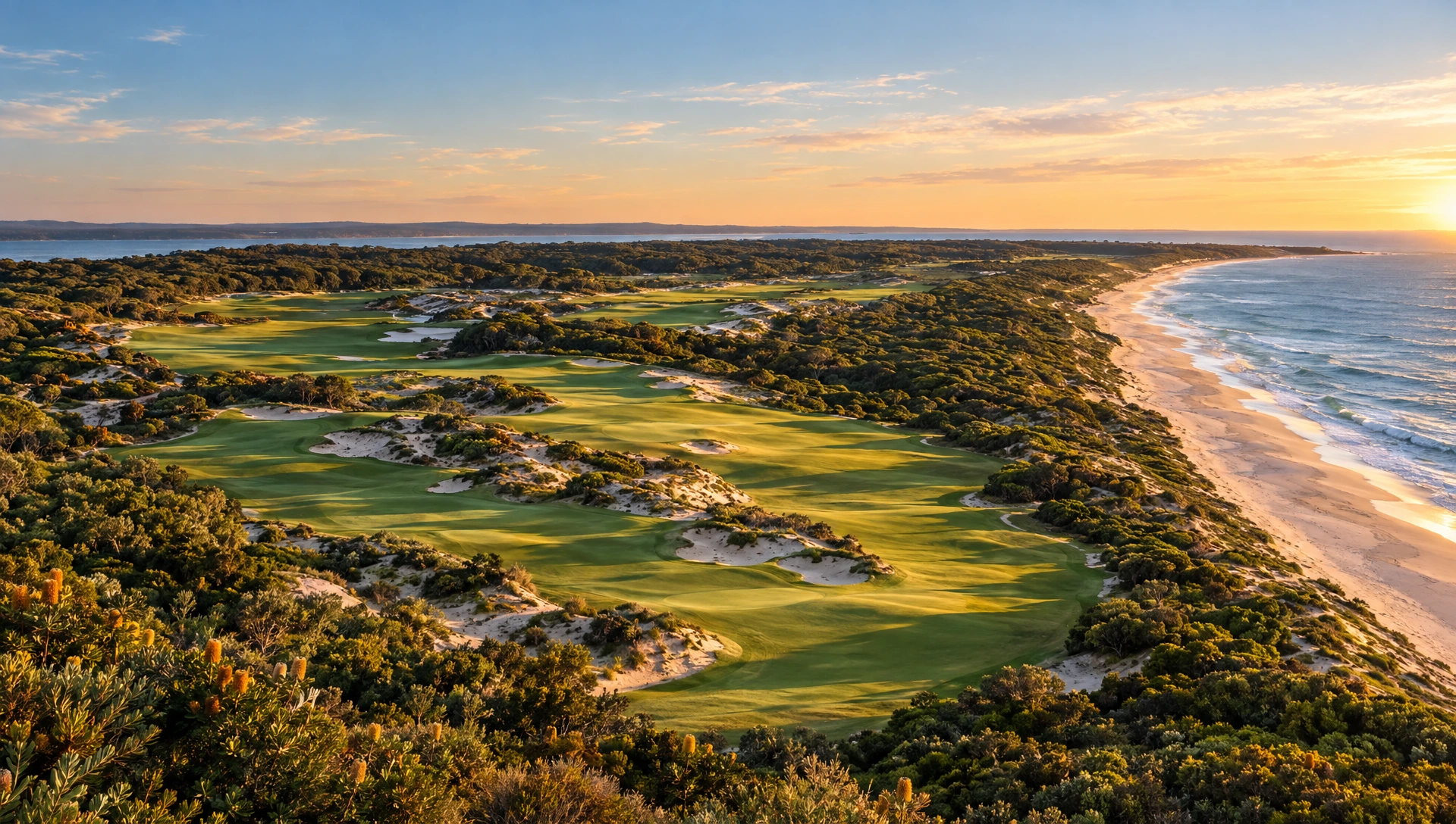 Illustrative coastal golf landscape with open fairways, native vegetation and sandy beaches, inspired by the NSW Central Coast